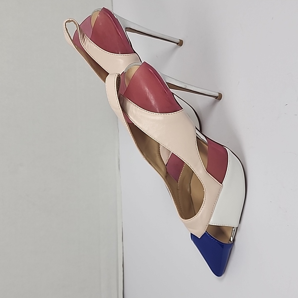 FSJ Women Elegant Pink Blue  Pointed Toe  Heel Slingback Size 9